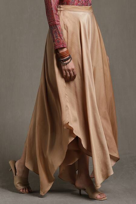 Shop_Ritu Kumar_Brown Dehri Satin Asymmetric Hem Palazzo_Online_at_Aza_Fashions