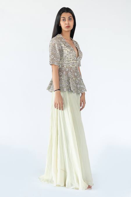 Nikita Vishakha Green Gharara Organza, Top Tulle Dori, Moti Scallop Neck And Peplum Set Online at Aza Fashions Nikita Vishakha_Green Gharara Organza, Top Tulle Dori, Moti Scallop Neck And Peplum Set_Online_at_Aza_Fashions