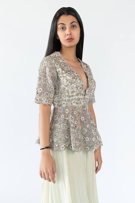 Buy Nikita Vishakha Green Gharara Organza, Top Tulle Dori, Moti Scallop Neck And Peplum Set Online at Aza Fashions Buy_Nikita Vishakha_Green Gharara Organza, Top Tulle Dori, Moti Scallop Neck And Peplum Set_Online_at_Aza_Fashions