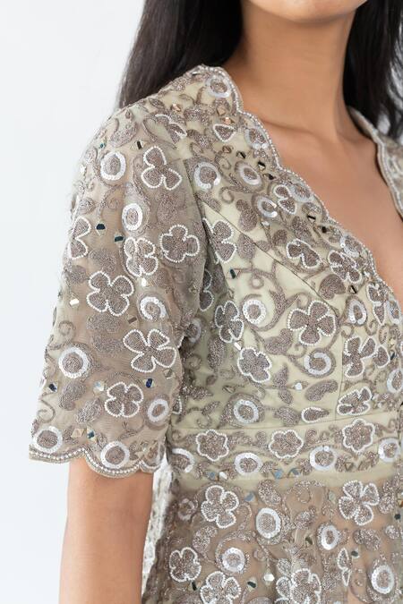 Shop Nikita Vishakha Green Gharara Organza, Top Tulle Dori, Moti Scallop Neck And Peplum Set Online at Aza Fashions Shop_Nikita Vishakha_Green Gharara Organza, Top Tulle Dori, Moti Scallop Neck And Peplum Set_Online_at_Aza_Fashions