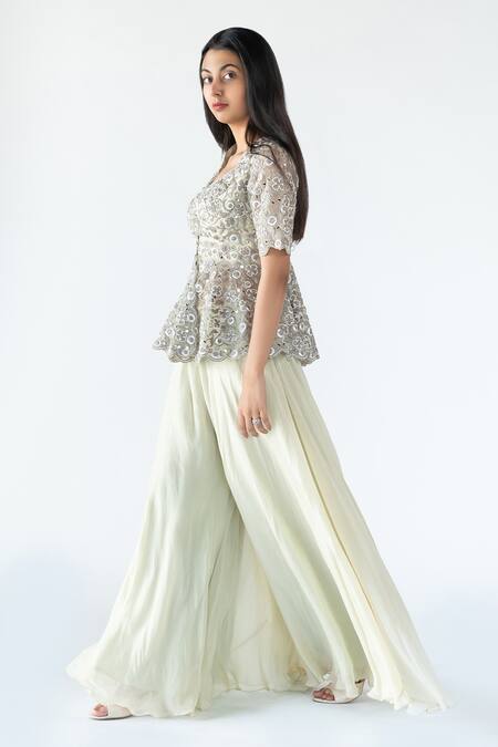 Nikita Vishakha Green Gharara Organza, Top Tulle Dori, Moti Scallop Neck And Peplum Set at Aza Fashions Nikita Vishakha_Green Gharara Organza, Top Tulle Dori, Moti Scallop Neck And Peplum Set_at_Aza_Fashions