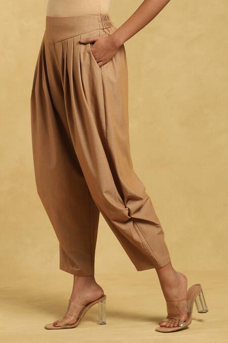 Buy_Ritu Kumar_Brown Polyester, Rayon, Spandex Solid Front Pleat Dhoti Pant_Online_at_Aza_Fashions