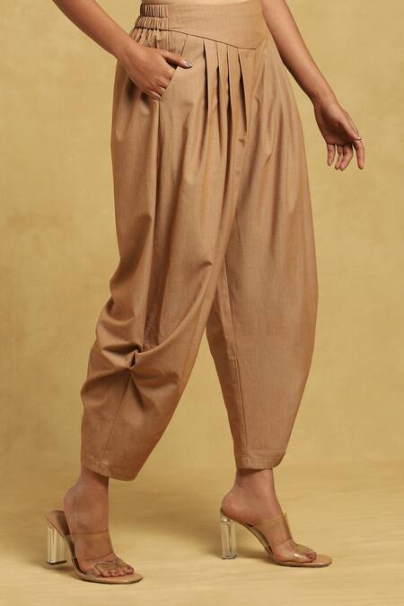 Shop_Ritu Kumar_Brown Polyester, Rayon, Spandex Solid Front Pleat Dhoti Pant_Online_at_Aza_Fashions