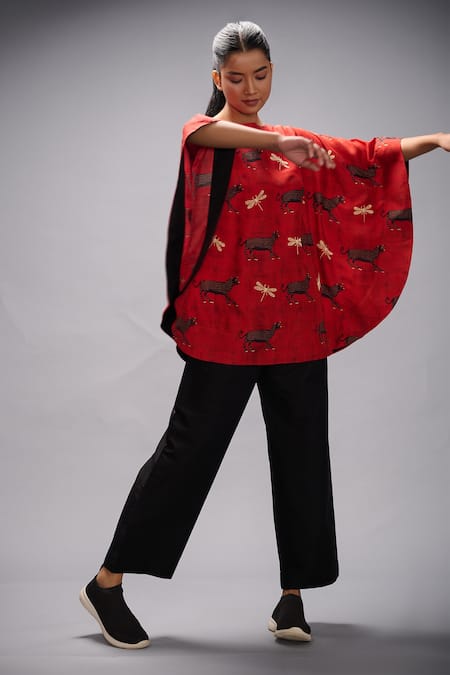 Buy_Taika By Poonam Bhagat_Red Cotton, Silk Embroidered Poncho And Pant Set _Online_at_Aza_Fashions