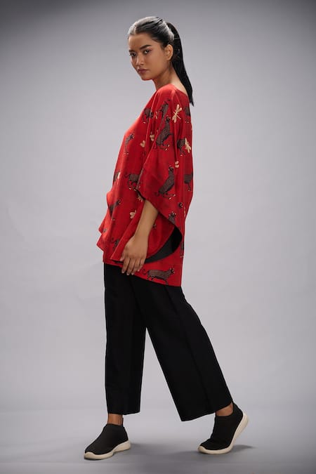 Shop_Taika By Poonam Bhagat_Red Cotton, Silk Embroidered Poncho And Pant Set _Online_at_Aza_Fashions