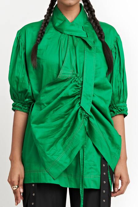 Two Point Two Green Cotton Asymmetric Emiko Solid Collar Wrap Top Online at Aza Fashions Two Point Two_Green Cotton Asymmetric Emiko Solid Collar Wrap Top_Online_at_Aza_Fashions
