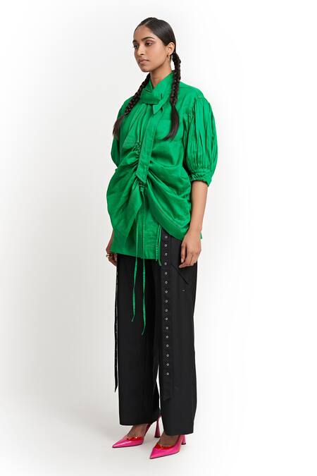 Buy Two Point Two Green Cotton Asymmetric Emiko Solid Collar Wrap Top Online at Aza Fashions Buy_Two Point Two_Green Cotton Asymmetric Emiko Solid Collar Wrap Top_Online_at_Aza_Fashions