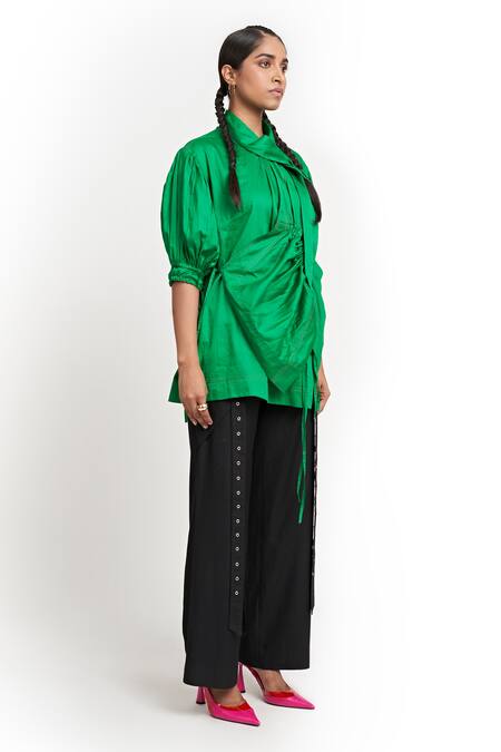Shop Two Point Two Green Cotton Asymmetric Emiko Solid Collar Wrap Top Online at Aza Fashions Shop_Two Point Two_Green Cotton Asymmetric Emiko Solid Collar Wrap Top_Online_at_Aza_Fashions