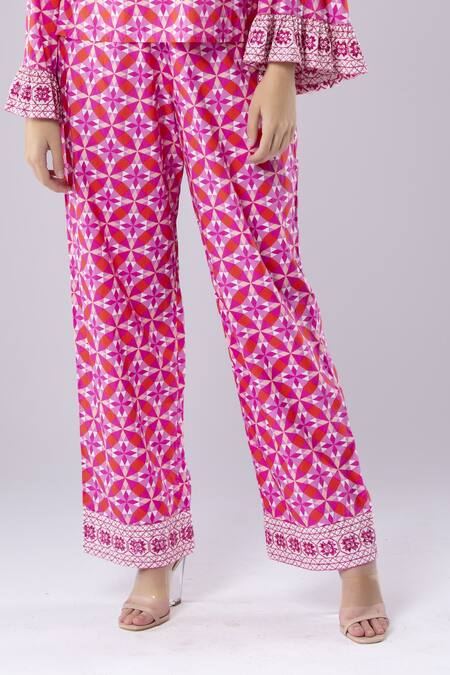 Tangerine Tiger_Pink 100% Cotton Poplin Geometric Pattern Flounce Sleeved Top And Pant Set _Online_at_Aza_Fashions