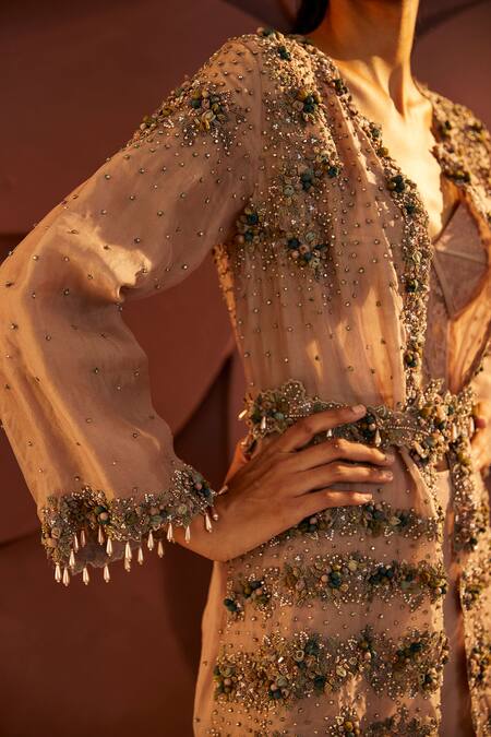 Shop_Parul And Preyanka_Beige Silk Organza Embroidery Zari Jacket Open Doux Pant Set _Online_at_Aza_Fashions