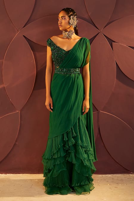Parul And Preyanka_Emerald Green Silk Organza, Chanson Pre-draped Ruffle Saree With Blouse _Online_at_Aza_Fashions