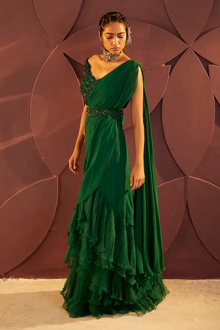 Buy_Parul And Preyanka_Emerald Green Silk Organza, Chanson Pre-draped Ruffle Saree With Blouse _Online_at_Aza_Fashions