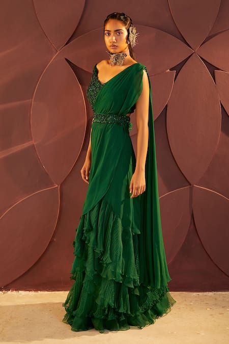 Shop_Parul And Preyanka_Emerald Green Silk Organza, Chanson Pre-draped Ruffle Saree With Blouse _Online_at_Aza_Fashions