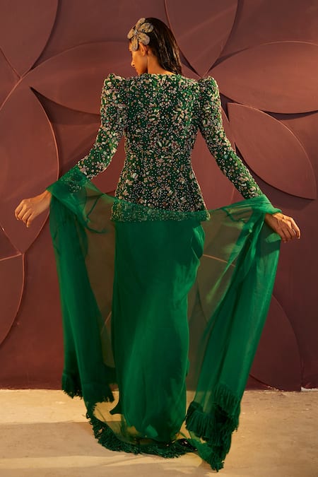 Parul And Preyanka_Emerald Green Silk, Organza, Tulle Verte Peplum Jacket Draped Skirt Set  _Online_at_Aza_Fashions