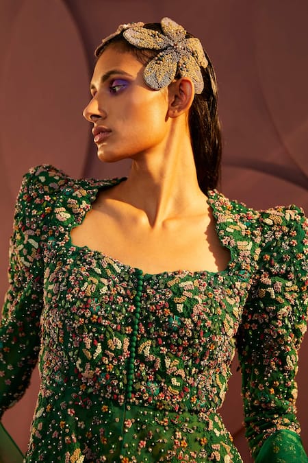 Parul And Preyanka_Emerald Green Silk, Organza, Tulle Verte Peplum Jacket Draped Skirt Set  _at_Aza_Fashions