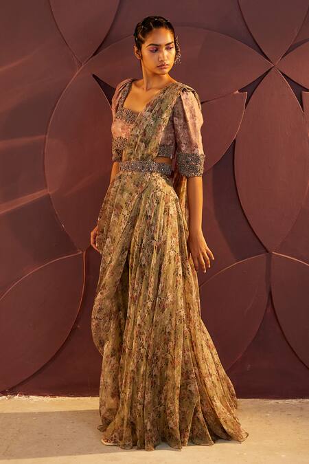 Parul And Preyanka Green Organza, Embroidery, Jolie Floral Print Blouse And Gharara Set Online at Aza Fashions Parul And Preyanka_Green Organza, Embroidery, Jolie Floral Print Blouse And Gharara Set _Online_at_Aza_Fashions