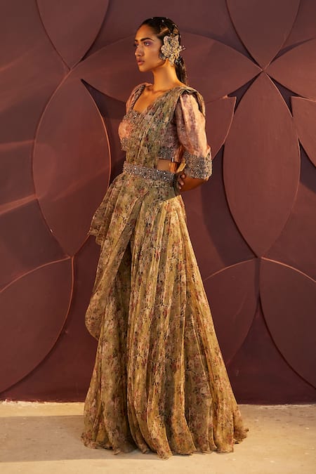 Buy Parul And Preyanka Green Organza, Embroidery, Jolie Floral Print Blouse And Gharara Set Online at Aza Fashions Buy_Parul And Preyanka_Green Organza, Embroidery, Jolie Floral Print Blouse And Gharara Set _Online_at_Aza_Fashions