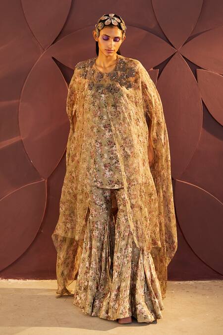 Parul And Preyanka_Green Organza, Embroidery, Zari Round Neck Floral Cape Sharara Set _Online_at_Aza_Fashions