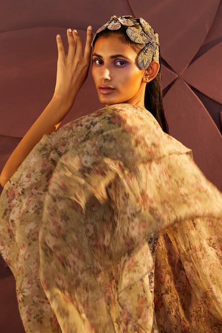 Shop_Parul And Preyanka_Green Organza, Embroidery, Zari Round Neck Floral Cape Sharara Set _Online_at_Aza_Fashions