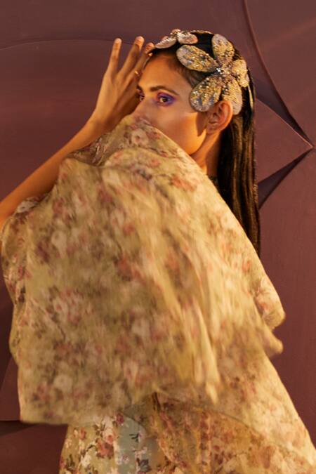 Parul And Preyanka_Green Organza, Embroidery, Zari Round Neck Floral Cape Sharara Set _at_Aza_Fashions