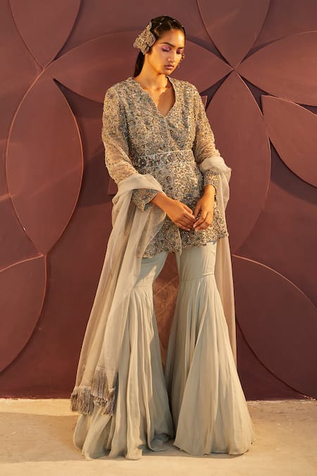 Parul And Preyanka_Blue Velvet, Silk Organza, Georgette Stones, Zari, Cherie Kurta Sharara Set _Online_at_Aza_Fashions