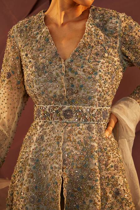 Buy_Parul And Preyanka_Blue Velvet, Silk Organza, Georgette Stones, Zari, Cherie Kurta Sharara Set _Online_at_Aza_Fashions