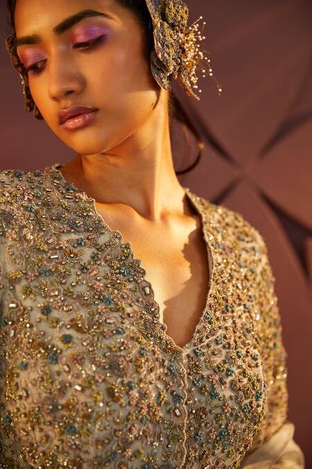 Shop_Parul And Preyanka_Blue Velvet, Silk Organza, Georgette Stones, Zari, Cherie Kurta Sharara Set _Online_at_Aza_Fashions