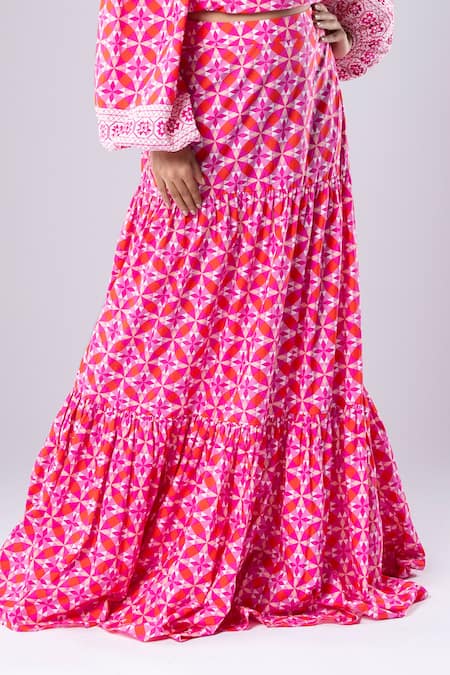 Tangerine Tiger_Pink 100% Cotton Poplin Geometric Pattern One Shoulder Off Top And Skirt Set _Online_at_Aza_Fashions