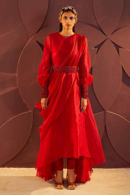 Parul And Preyanka_Red Silk Organza, Lycra Cut Work, Embroidery Round Asymmetric Kurta Churidar Set _Online_at_Aza_Fashions