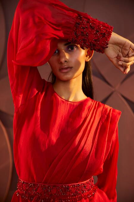 Buy_Parul And Preyanka_Red Silk Organza, Lycra Cut Work, Embroidery Round Asymmetric Kurta Churidar Set _Online_at_Aza_Fashions