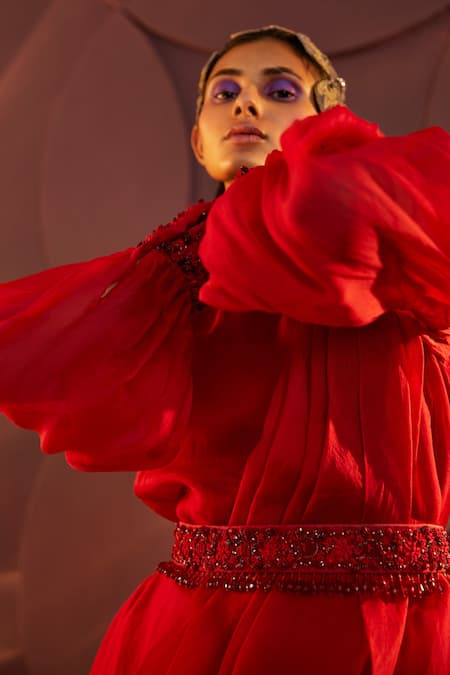 Shop_Parul And Preyanka_Red Silk Organza, Lycra Cut Work, Embroidery Round Asymmetric Kurta Churidar Set _Online_at_Aza_Fashions