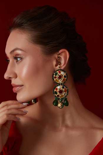 Paisley Pop_Green Kundan Tiered Circular Dangler Earrings _Online_at_Aza_Fashions