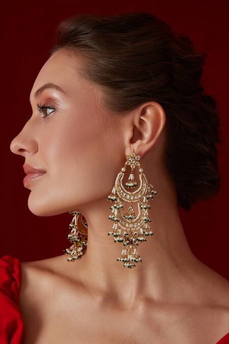 Paisley Pop Gold Plated Diamonds, Pearls Kundan Embellished Long Earrings Online at Aza Fashions Paisley Pop_Gold Plated Diamonds, Pearls Kundan Embellished Long Earrings _Online_at_Aza_Fashions