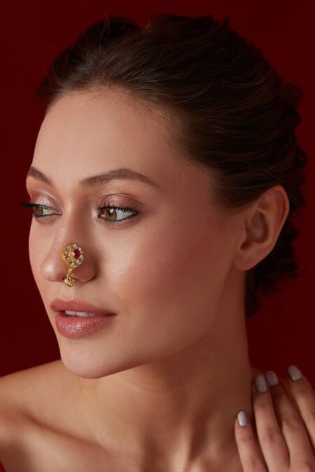 Paisley Pop_Red Gota Patti Kundan Nosepin _Online_at_Aza_Fashions