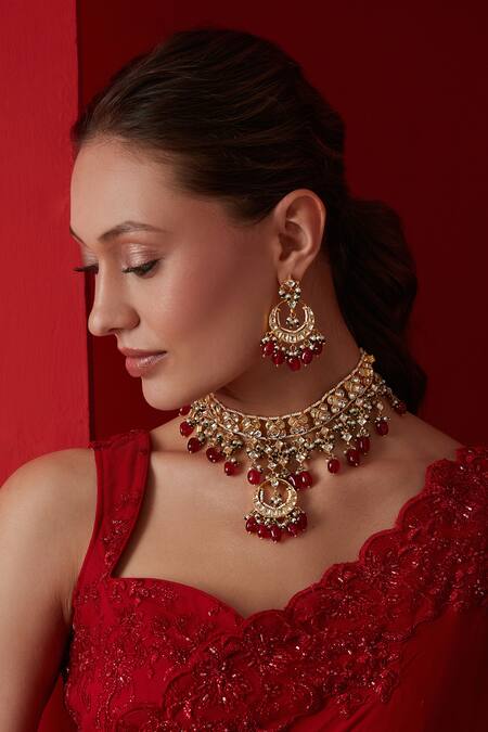 Paisley Pop Gold Plated Kundan, Pearls And Natural Stones Necklace Set Online at Aza Fashions Paisley Pop_Gold Plated Kundan, Pearls And Natural Stones Necklace Set_Online_at_Aza_Fashions