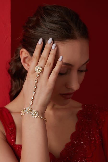 Paisley Pop Gold Plated Kundan Pearl Embellished Hathphool Online at Aza Fashions Paisley Pop_Gold Plated Kundan Pearl Embellished Hathphool _Online_at_Aza_Fashions