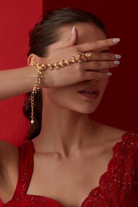 Paisley Pop_Gold Plated Pearls Kundan Embellished Hathphool _Online_at_Aza_Fashions