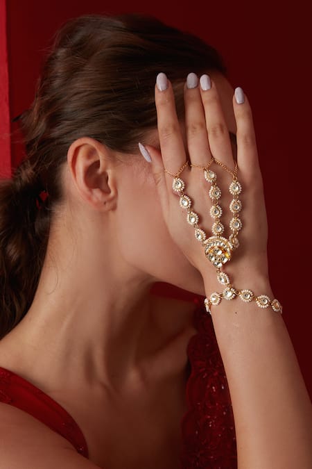 Paisley Pop_Gold Plated Pearls Kundan Embellished Hathphool _Online_at_Aza_Fashions