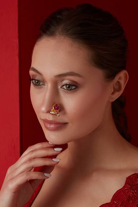 Paisley Pop Pink Diamonds, Pearls Kundan Nosepin Online at Aza Fashions Paisley Pop_Pink Diamonds, Pearls Kundan Nosepin_Online_at_Aza_Fashions