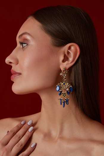 Paisley Pop_Blue Lace, Diamonds, Pearls Lapis Lazuli And Kundan Embellished Earrings _Online_at_Aza_Fashions