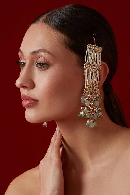 Paisley Pop_Gold Plated Pearls, Diamonds, Stones Kundan Earrings _Online_at_Aza_Fashions