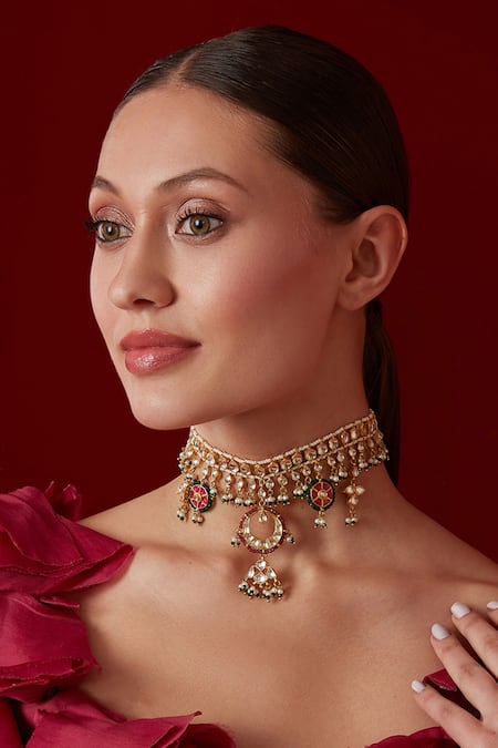 Paisley Pop_Gold Plated Kundan Choker Necklace _Online_at_Aza_Fashions