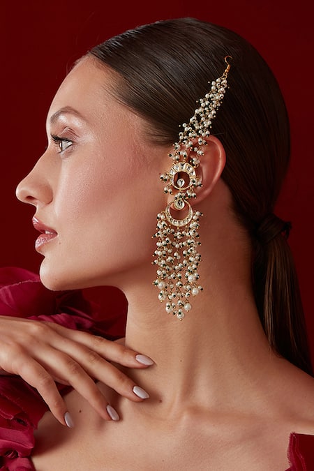 Paisley Pop_Gold Plated Pearls, Stones Kundan And Embellished Danglers _Online_at_Aza_Fashions