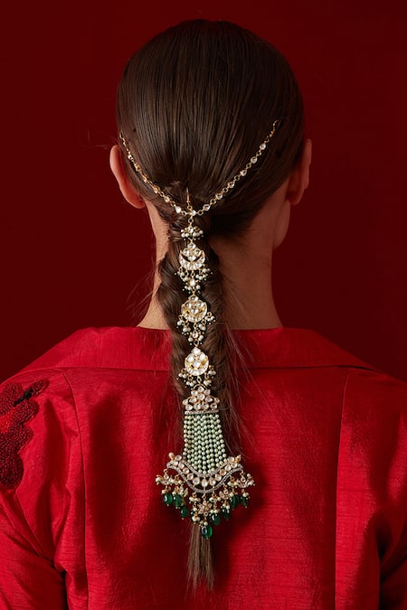 Paisley Pop Green Beads, Pearls Kundan Braidpin Online at Aza Fashions Paisley Pop_Green Beads, Pearls Kundan Braidpin _Online_at_Aza_Fashions