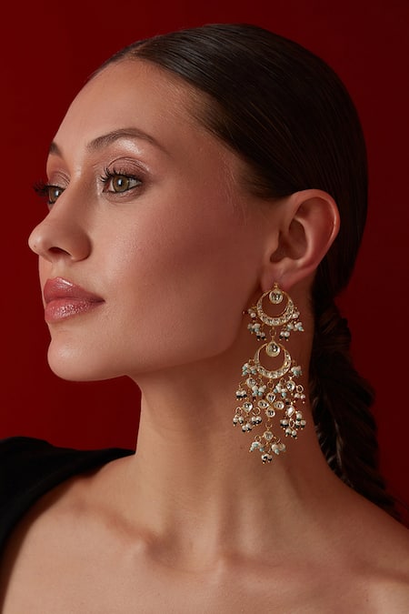 Paisley Pop_Gold Plated Pearls Kundan Embellished Dangler Earrings _Online_at_Aza_Fashions