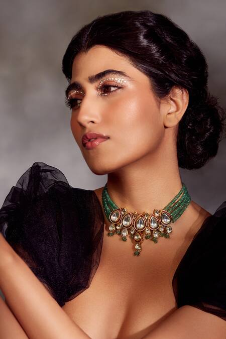 Paisley Pop Green Polki And Beads Choker Necklace Online at Aza Fashions Paisley Pop_Green Polki And Beads Choker Necklace_Online_at_Aza_Fashions