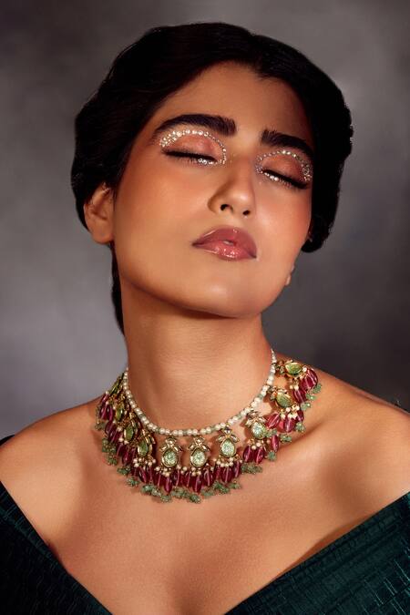 Paisley Pop_Pink Kundan And Stones Mint & Necklace _Online_at_Aza_Fashions