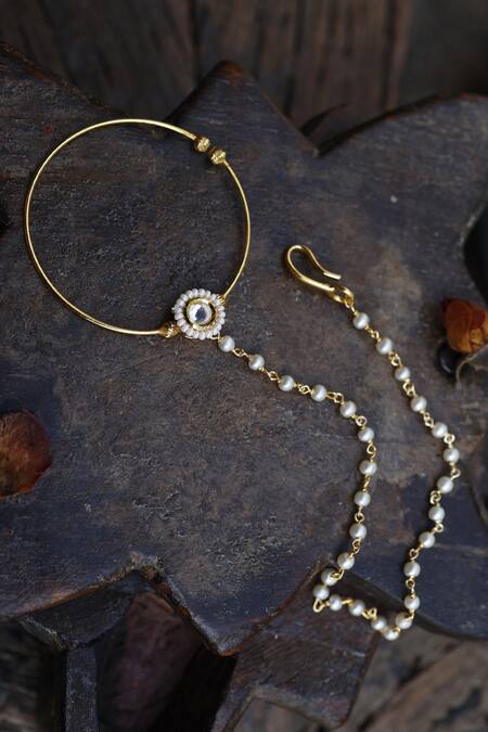 Buy_Paisley Pop_Gold Plated Kundan And Pearls Nose Ring_Online_at_Aza_Fashions