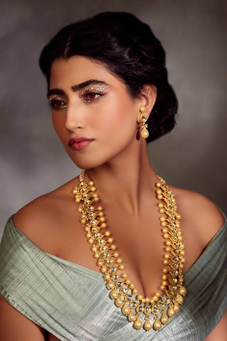 Paisley Pop Gold Plated Pearl Long Kundan Necklace Set Online at Aza Fashions Paisley Pop_Gold Plated Pearl Long Kundan Necklace Set_Online_at_Aza_Fashions