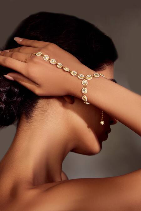 Buy_Paisley Pop_Gold Plated Crystals Pearl Shaped Hathphool _Online_at_Aza_Fashions